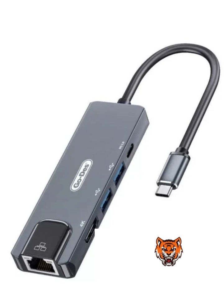 جو-ديز "Type-C to HDTV 5-in-1 Converter Adapter – Gigabit Ethernet, 2 USB 3.0 Ports, 4K HDMI Output, USB-C PD Charging, Plug & Play for Laptops and MacBooks" - Image 1