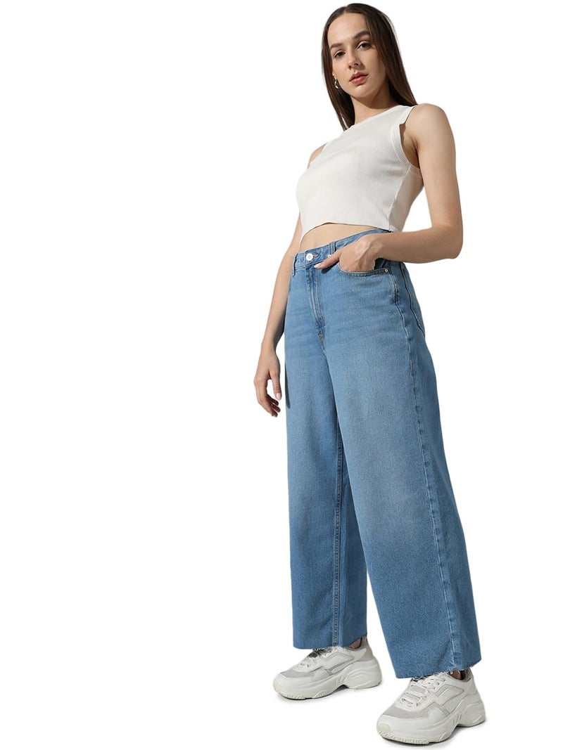 ONLY Women Solid Cotton High Rise Blue Wide Leg Jeans - Image 2