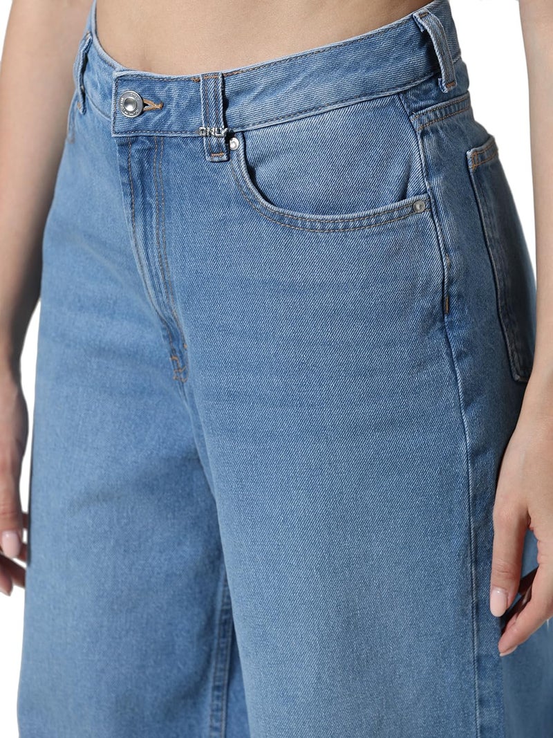 ONLY Women Solid Cotton High Rise Blue Wide Leg Jeans - Image 3