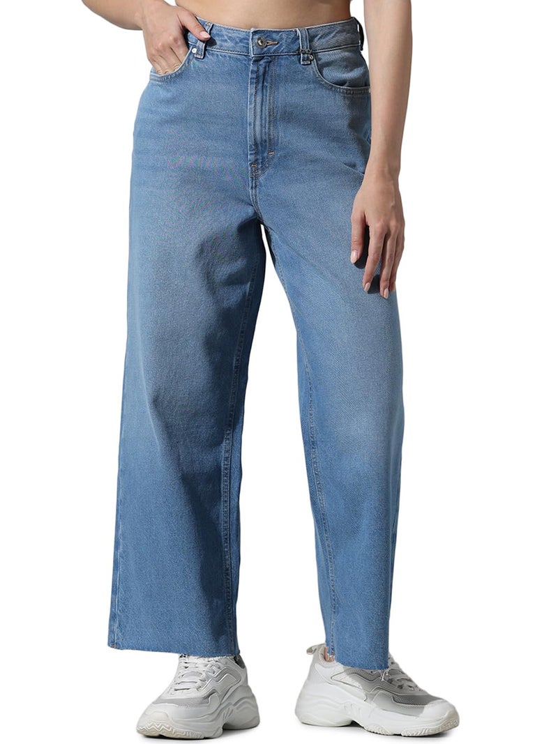 ONLY Women Solid Cotton High Rise Blue Wide Leg Jeans - Image 1