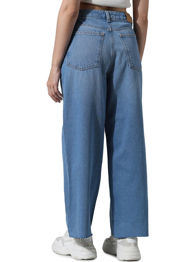 ONLY Women Solid Cotton High Rise Blue Wide Leg Jeans - Image 5