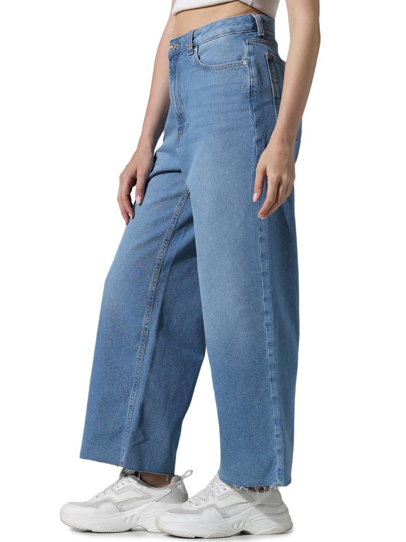 ONLY Women Solid Cotton High Rise Blue Wide Leg Jeans - Image 4