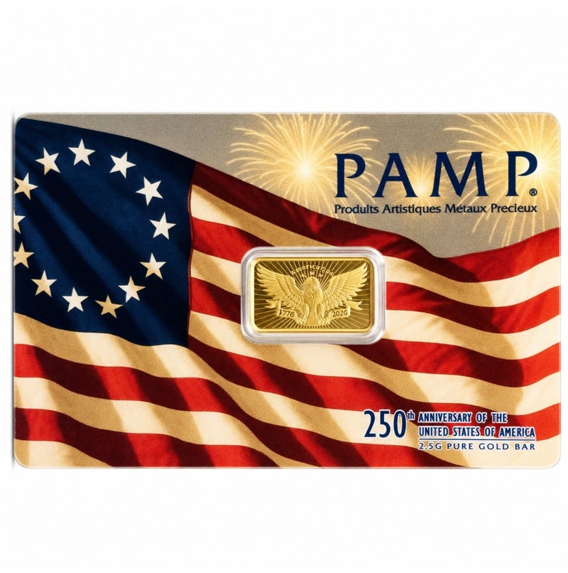 بامب سبيكة ذهب عيار 24 قيراط بوزن 2.5 جرام من "بامب سويس" (PAMP Suisse) بمناسبة الذكرى الـ 250 لتأسيس الولايات المتحدة - Image 1