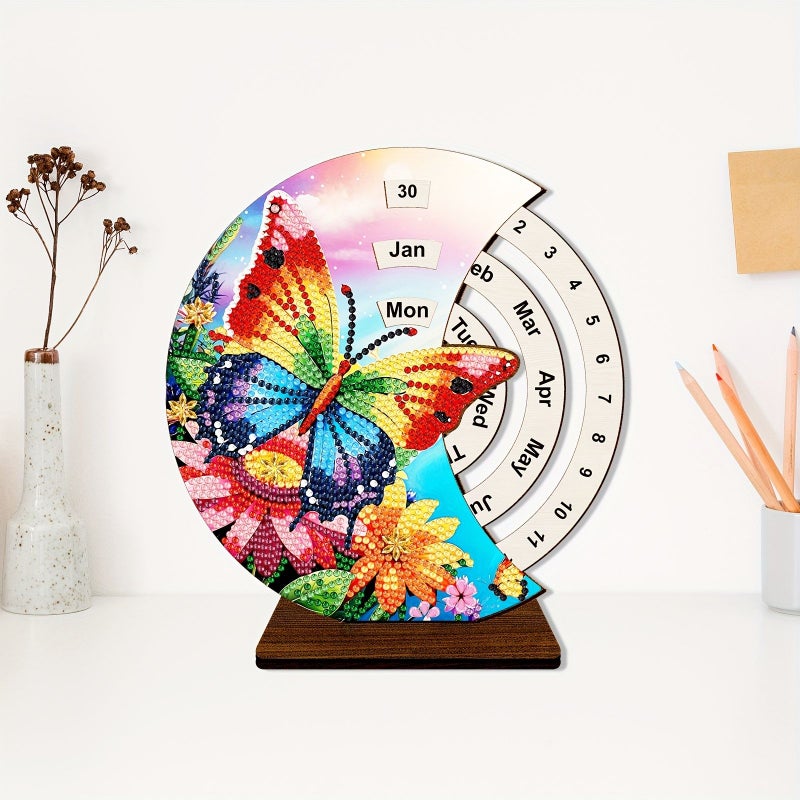 1pc Butterfly Pattern Desktop Calendar Ornament Diamond Painting Kit 19x18 Cm Unique Wooden Rotating Desk Decoration Creative Date Changer Handcrafted Gift - Image 4