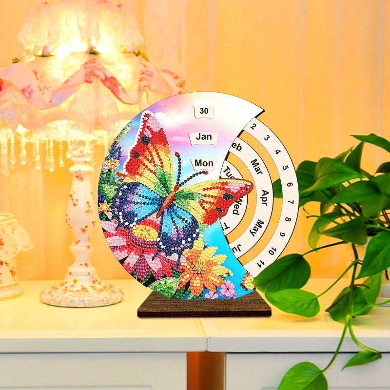 1pc Butterfly Pattern Desktop Calendar Ornament Diamond Painting Kit 19x18 Cm Unique Wooden Rotating Desk Decoration Creative Date Changer Handcrafted Gift - Image 5
