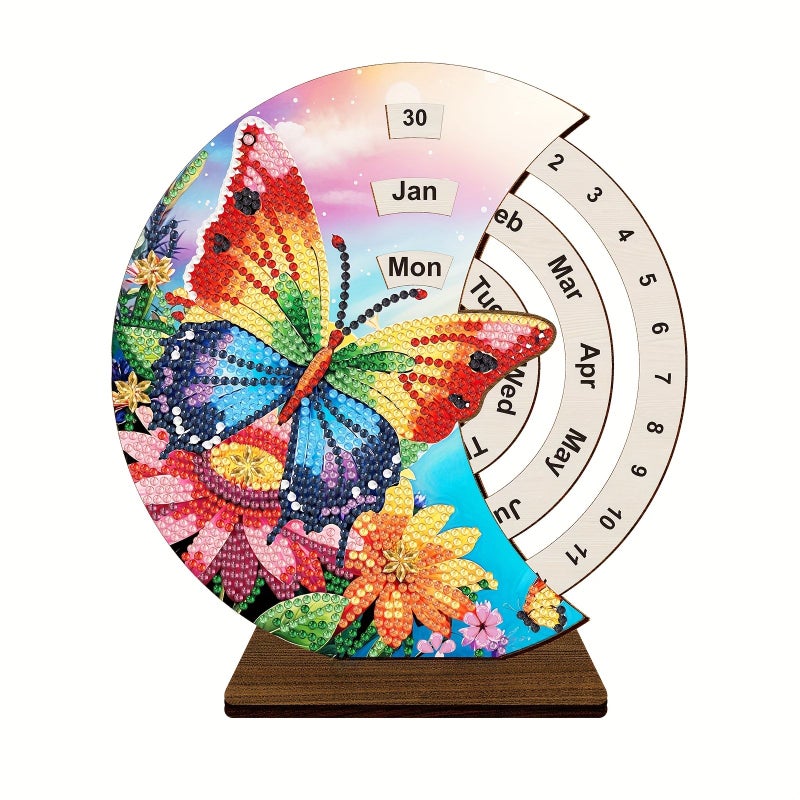 1pc Butterfly Pattern Desktop Calendar Ornament Diamond Painting Kit 19x18 Cm Unique Wooden Rotating Desk Decoration Creative Date Changer Handcrafted Gift - Image 1