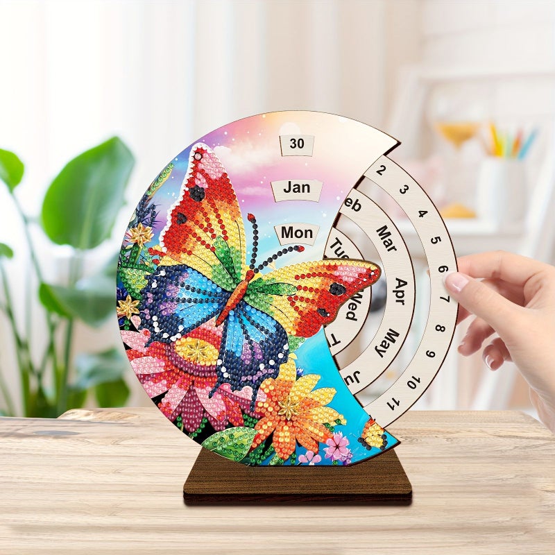 1pc Butterfly Pattern Desktop Calendar Ornament Diamond Painting Kit 19x18 Cm Unique Wooden Rotating Desk Decoration Creative Date Changer Handcrafted Gift - Image 2