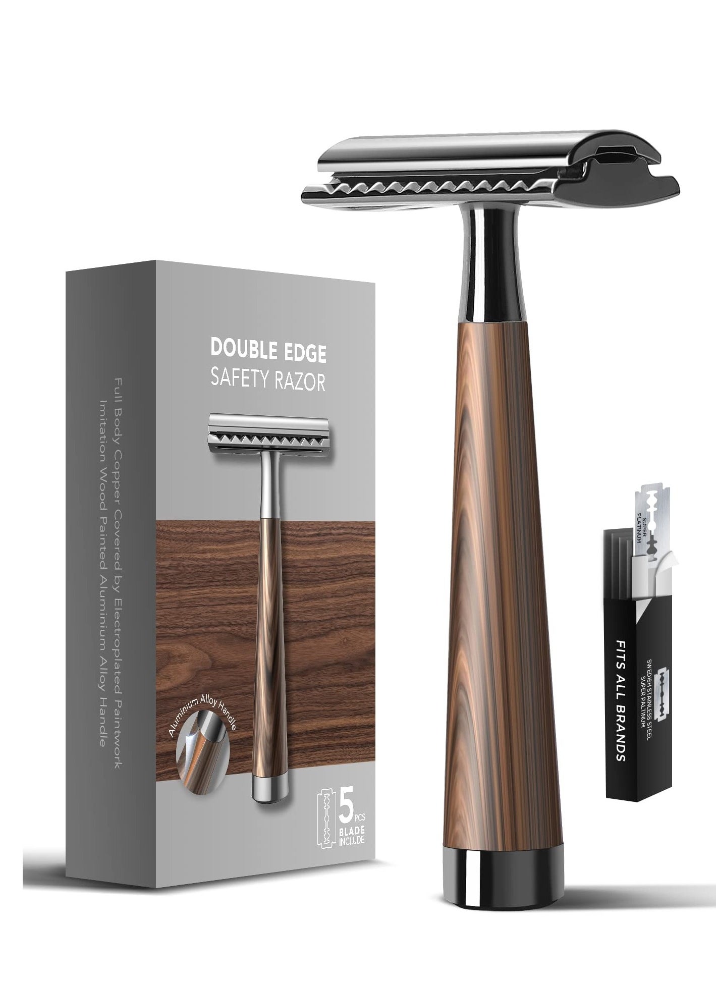 Double Edge Safety Razor, Faux Wood Zinc Alloy Handle Razor with 5 Swiss Stainless Steel Blades, Heavy Duty Eco-Friendly Razor for Shaving, Gift Packed Visit the SINAHET Store - https://f.nooncdn.com/p/pzsku/Z06154EBD55317A27A7D2Z/45/_/1725437640/5ef0fb35-915d-46d7-bcd4-013c3d08669a.jpg?format=jpg&width=original