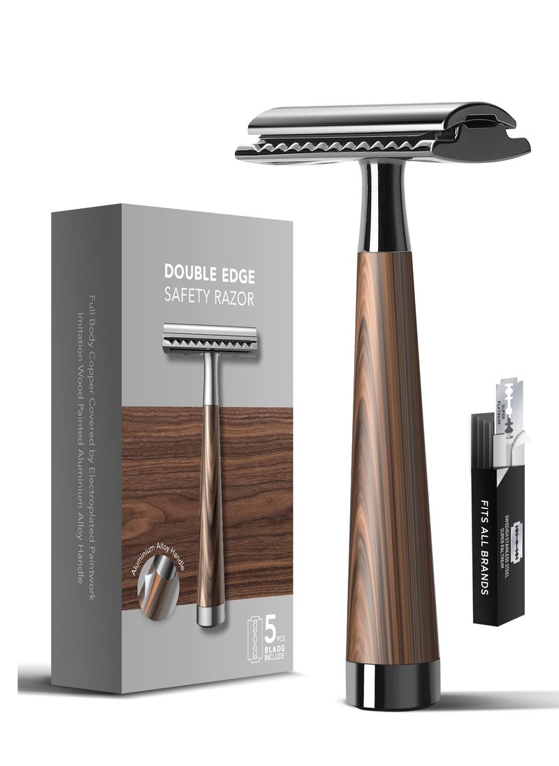 GUTCHE Double Edge Safety Razor, Faux Wood Zinc Alloy Handle Razor with 5 Swiss Stainless Steel Blades, Heavy Duty Eco-Friendly Razor for Shaving, Gift Packed Visit the SINAHET Store  - Image 1