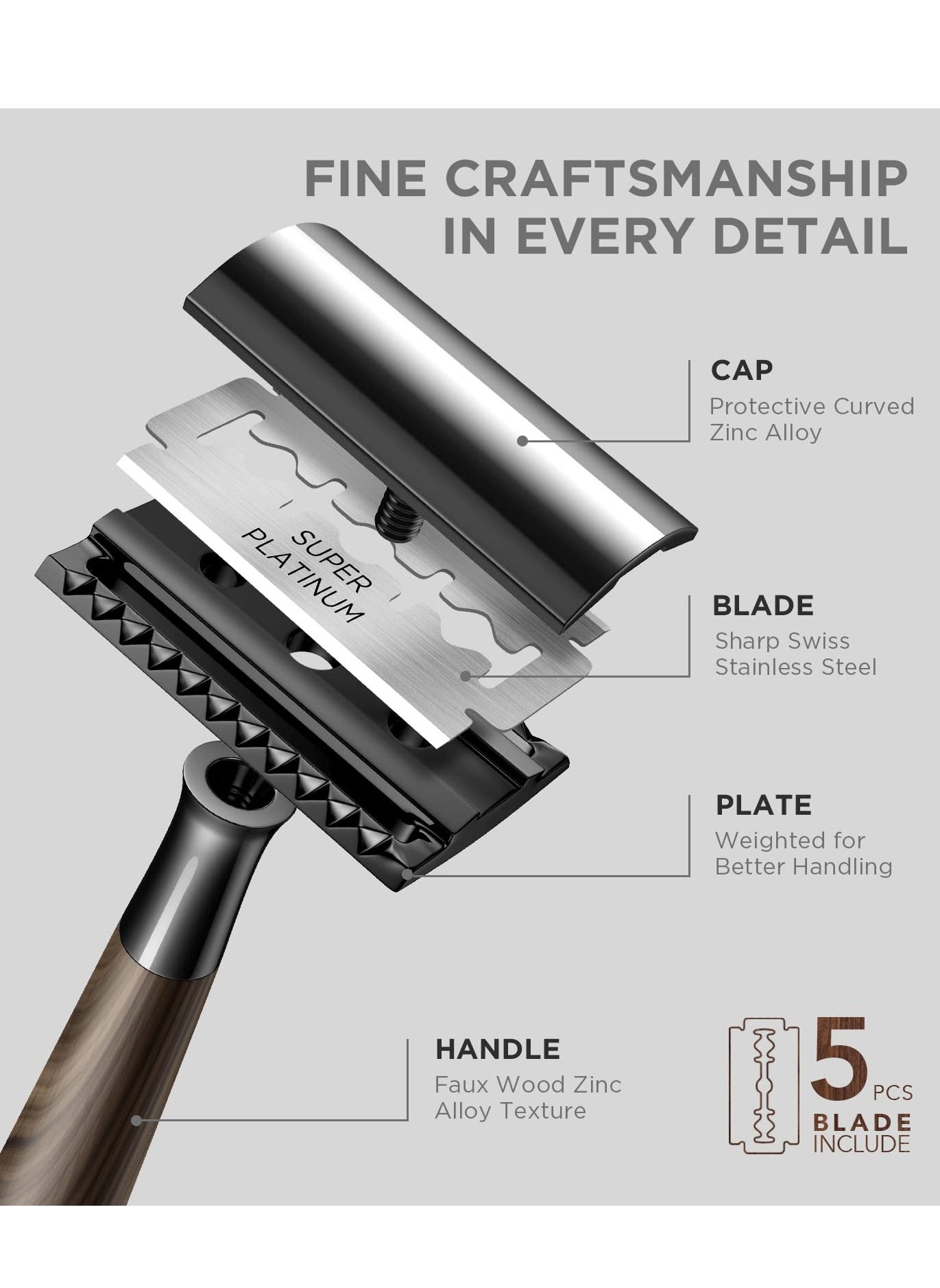 Double Edge Safety Razor, Faux Wood Zinc Alloy Handle Razor with 5 Swiss Stainless Steel Blades, Heavy Duty Eco-Friendly Razor for Shaving, Gift Packed Visit the SINAHET Store - https://f.nooncdn.com/p/pzsku/Z06154EBD55317A27A7D2Z/45/_/1725437993/e3f4dd5e-a972-442c-be63-54c05318fc79.jpg?format=jpg&width=original