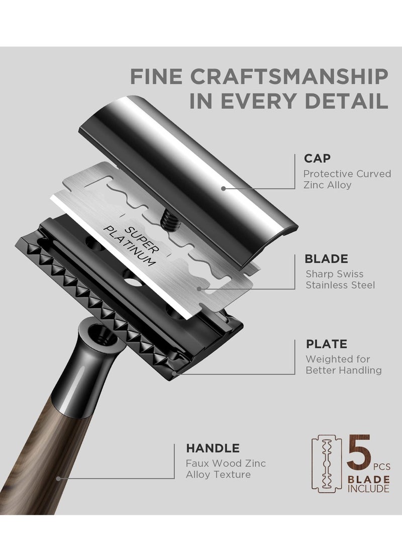 GUTCHE Double Edge Safety Razor, Faux Wood Zinc Alloy Handle Razor with 5 Swiss Stainless Steel Blades, Heavy Duty Eco-Friendly Razor for Shaving, Gift Packed Visit the SINAHET Store  - Image 3