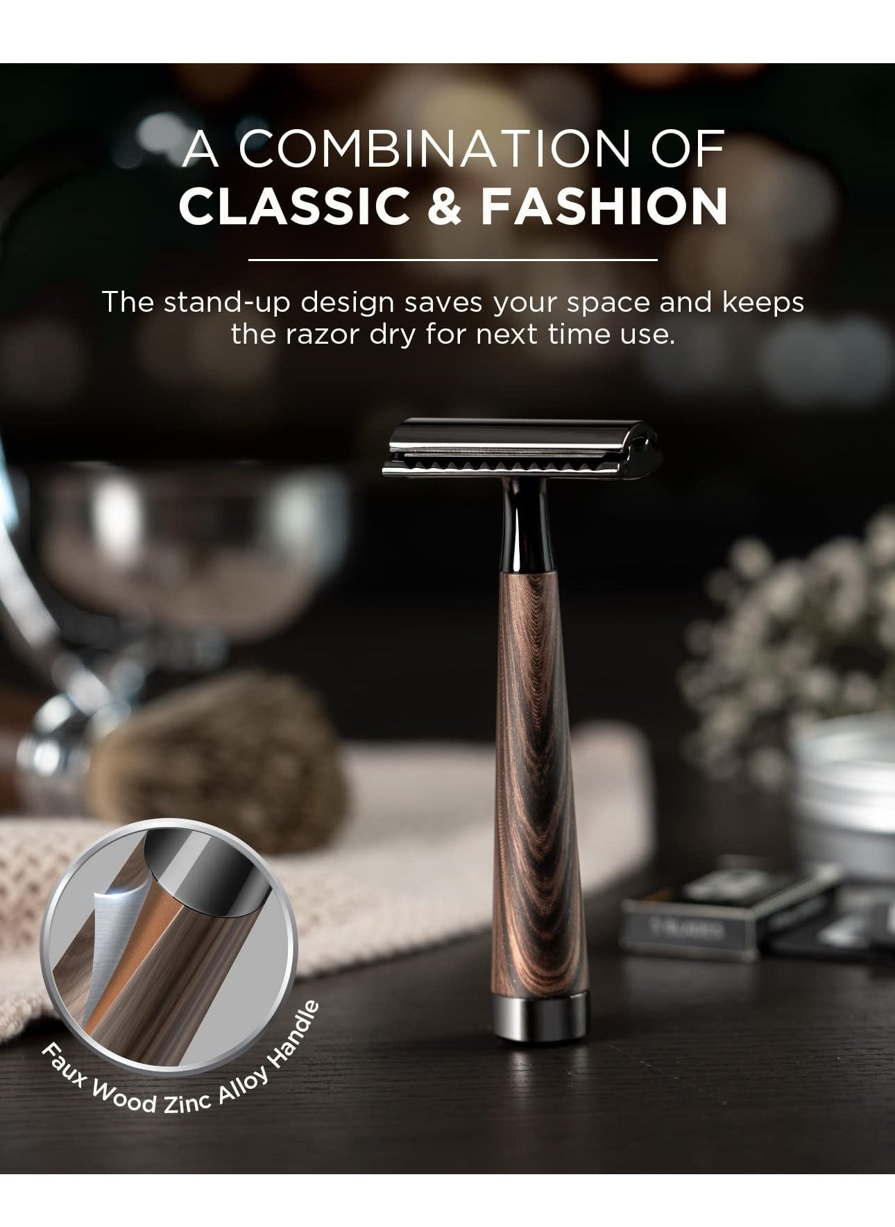 Double Edge Safety Razor, Faux Wood Zinc Alloy Handle Razor with 5 Swiss Stainless Steel Blades, Heavy Duty Eco-Friendly Razor for Shaving, Gift Packed Visit the SINAHET Store - https://f.nooncdn.com/p/pzsku/Z06154EBD55317A27A7D2Z/45/_/1725438033/8a392603-007d-4dd9-a281-e941f60e85f7.jpg?format=jpg&width=original