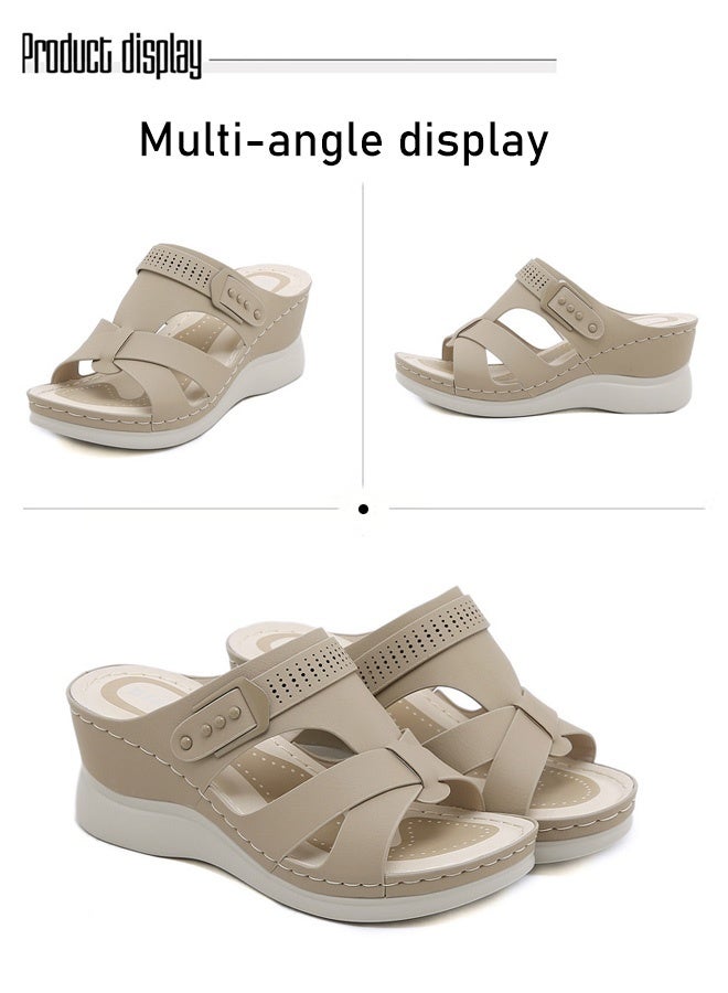صندل كعب إسفين من جلد طري بنعل مطاطي: صندل منصة كاجوال سليب أون مريح للمشي الداخلي والخارجي - اختيار الموضة العملي للصيف - Image 2