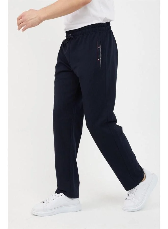 Mmetalic Navy Blue Men's Sweatpants with Zipper Pocket and Embroidery Detail, Straight Leg, Relaxed Fit