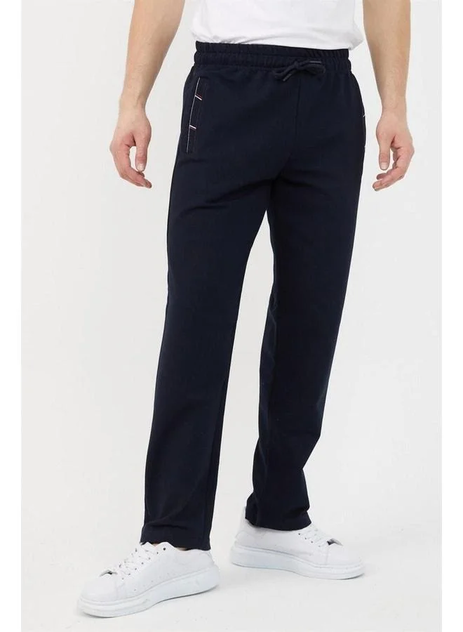 Mmetalic Navy Blue Men's Sweatpants with Zipper Pocket and Embroidery Detail, Straight Leg, Relaxed Fit