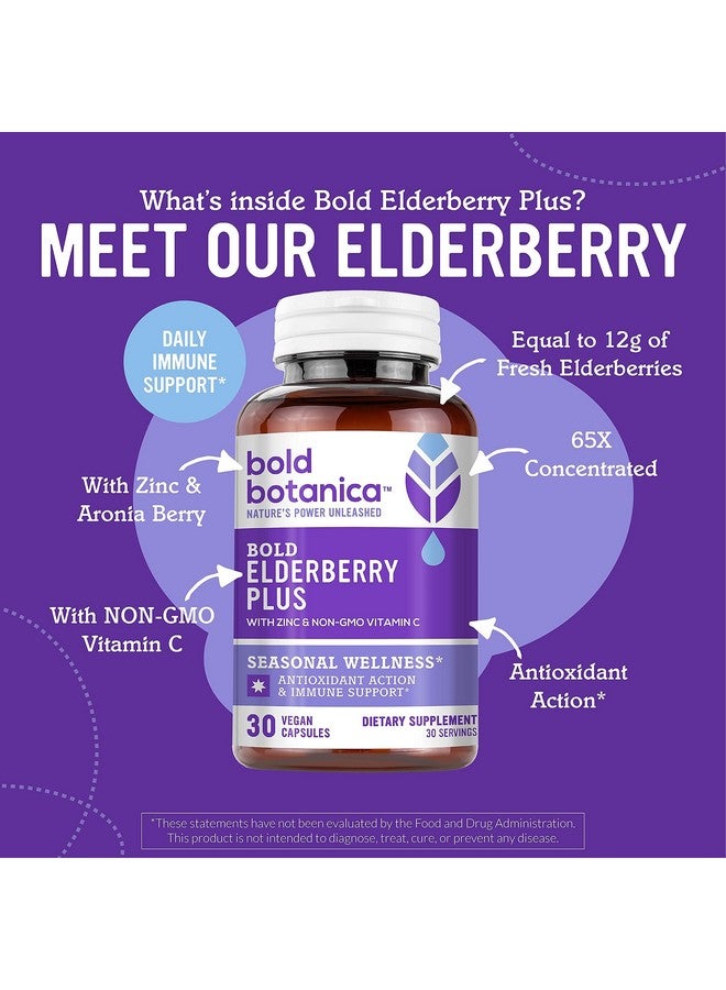 Bold Botanica Bold Elderberry Plus 65X Concentrated Black Elderberry Extract With Zinc & Vitamin C For Daily Immune Support & Seasonal Wellness Non Gmo 30 Vegan Capsules (1) - Image 4