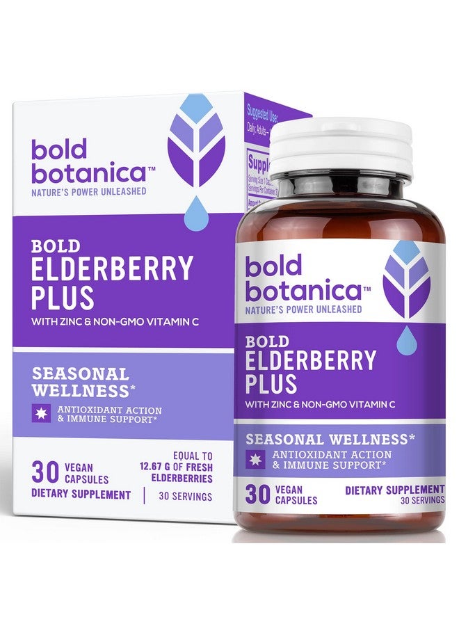 Bold Botanica Bold Elderberry Plus 65X Concentrated Black Elderberry Extract With Zinc & Vitamin C For Daily Immune Support & Seasonal Wellness Non Gmo 30 Vegan Capsules (1) - Image 1
