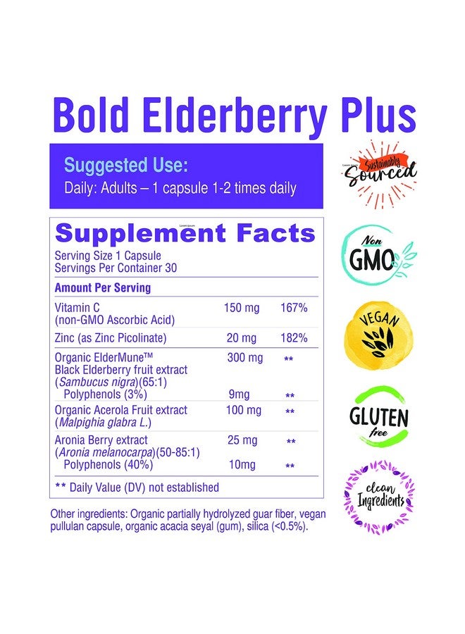 Bold Botanica Bold Elderberry Plus 65X Concentrated Black Elderberry Extract With Zinc & Vitamin C For Daily Immune Support & Seasonal Wellness Non Gmo 30 Vegan Capsules (1) - Image 3