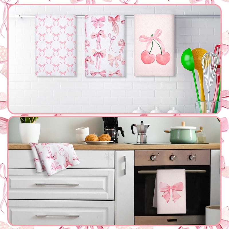 Macarrie 4 Pcs Pink Bow Coquette Kitchen Towels Trendy Cute Pink Hand Towels Coquette Bow Gifts Preppy Microfiber Kitchen supplies for Hostess Housewarming 18 x 26 in - Image 3