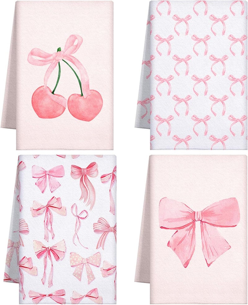 Macarrie 4 Pcs Pink Bow Coquette Kitchen Towels Trendy Cute Pink Hand Towels Coquette Bow Gifts Preppy Microfiber Kitchen supplies for Hostess Housewarming 18 x 26 in - Image 1