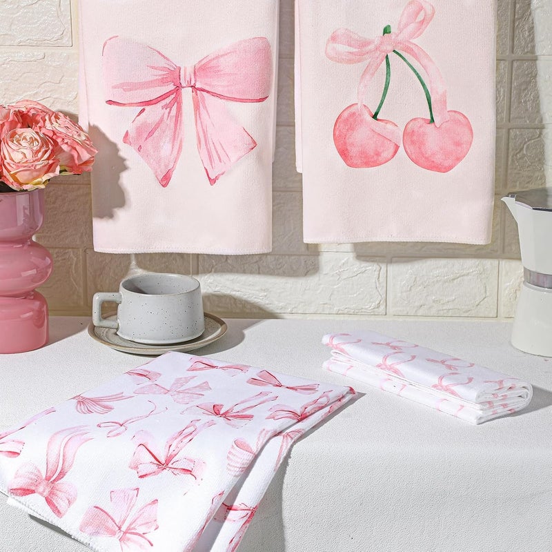 Macarrie 4 Pcs Pink Bow Coquette Kitchen Towels Trendy Cute Pink Hand Towels Coquette Bow Gifts Preppy Microfiber Kitchen supplies for Hostess Housewarming 18 x 26 in - Image 5