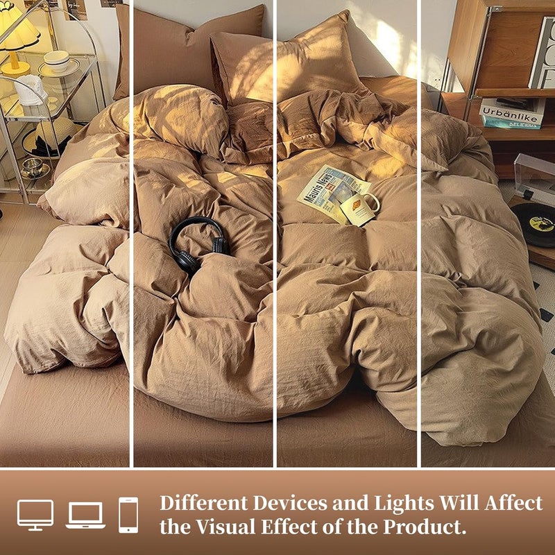 UCHUANG 4 Piece King Size Washed Cotton Duvet Cover Set in Brown Coffee With Milk - Image 3
