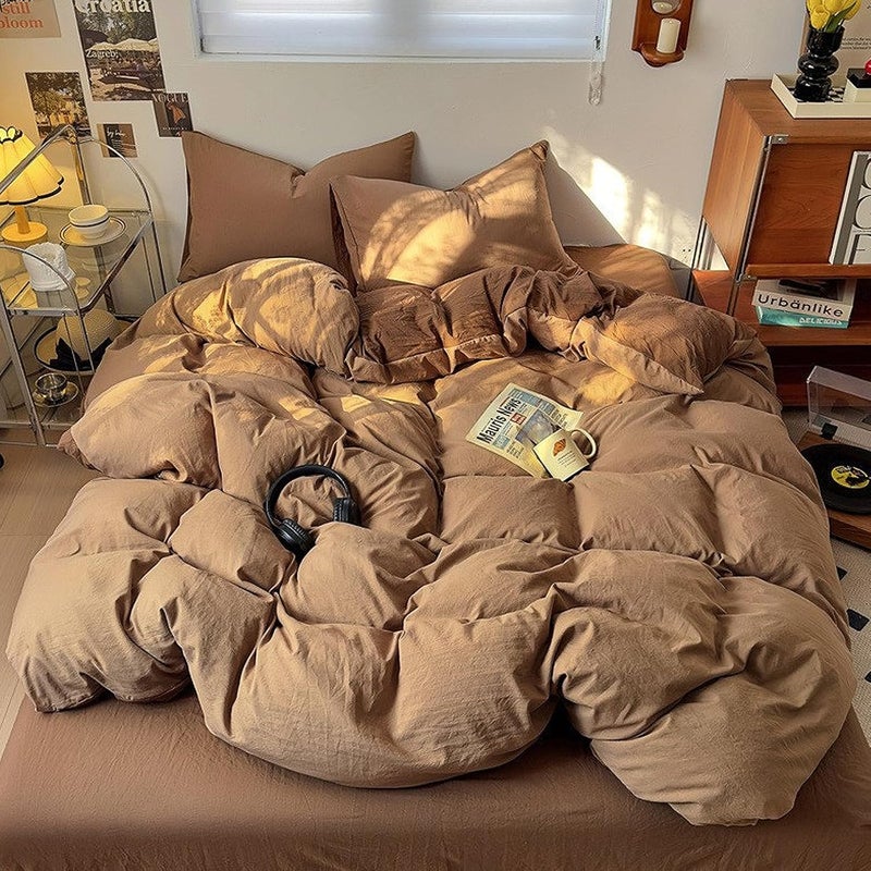 UCHUANG 4 Piece King Size Washed Cotton Duvet Cover Set in Brown Coffee With Milk - Image 2