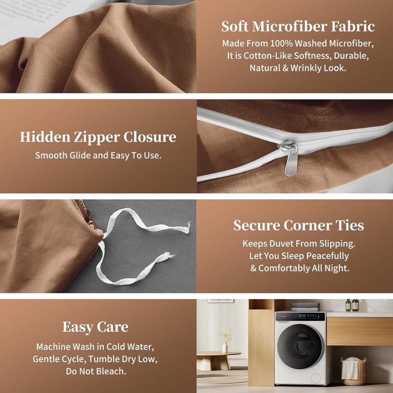UCHUANG 4 Piece King Size Washed Cotton Duvet Cover Set in Brown Coffee With Milk - Image 4