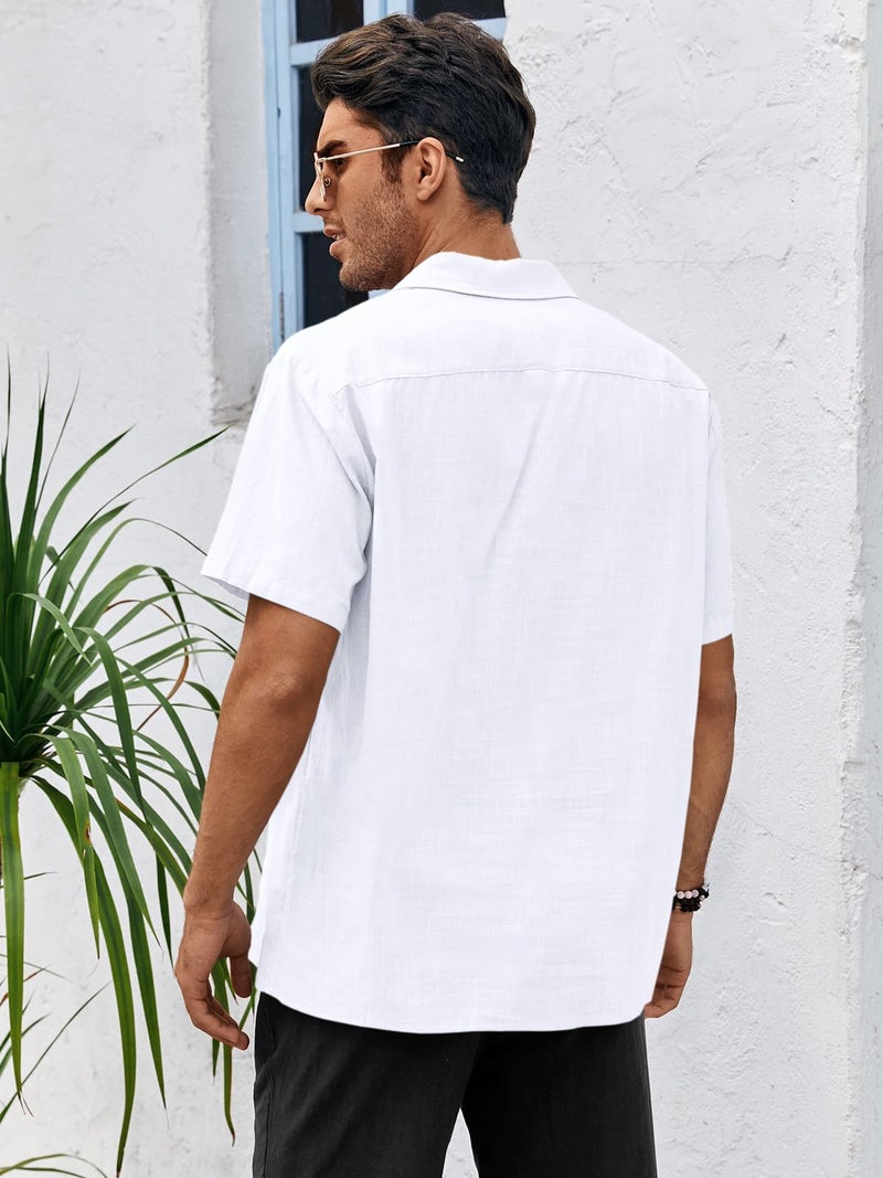 Runcati Mens Linen Cuban Guayabera Shirts Button Down Short Sleeve Shirt Cotton Hippie Summer Beach Vacation Shirts White - Image 3