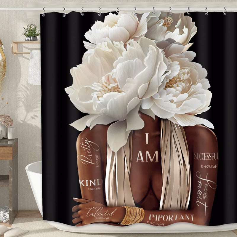 MESHELLY Black Girl Shower Curtain 60Wx72H African American Woman Black and White Peony Floral Quotes Girly Bathroom Curtain Fashion Positive Bath Curtain Fabric Flower Bathroom Decor with 12 Hooks
