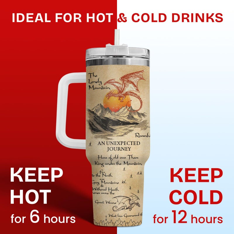 34HD Dragon Mountain Fantasy Tumbler 40oz with Handle Lid and Straw, Vintage Map Lonely Peak Red Dragons Insulated Travel Coffee Mug - Birthday and Spicy Bookish for Men & Women - Image 5