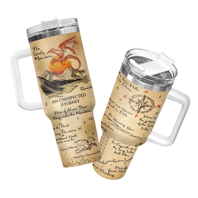 34HD Dragon Mountain Fantasy Tumbler 40oz with Handle Lid and Straw, Vintage Map Lonely Peak Red Dragons Insulated Travel Coffee Mug - Birthday and Spicy Bookish for Men & Women - Image 1