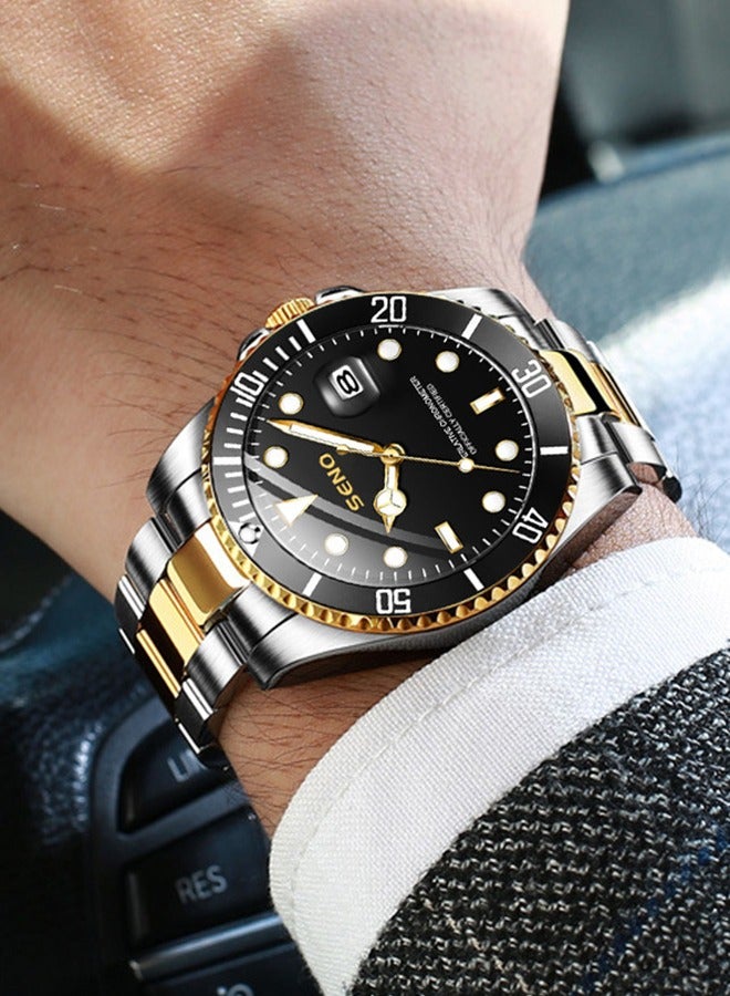 SENO Automatic waterproof luminous quartz business watch with date display, gold and silver interlaced stainless steel wristwatch. - Image 2