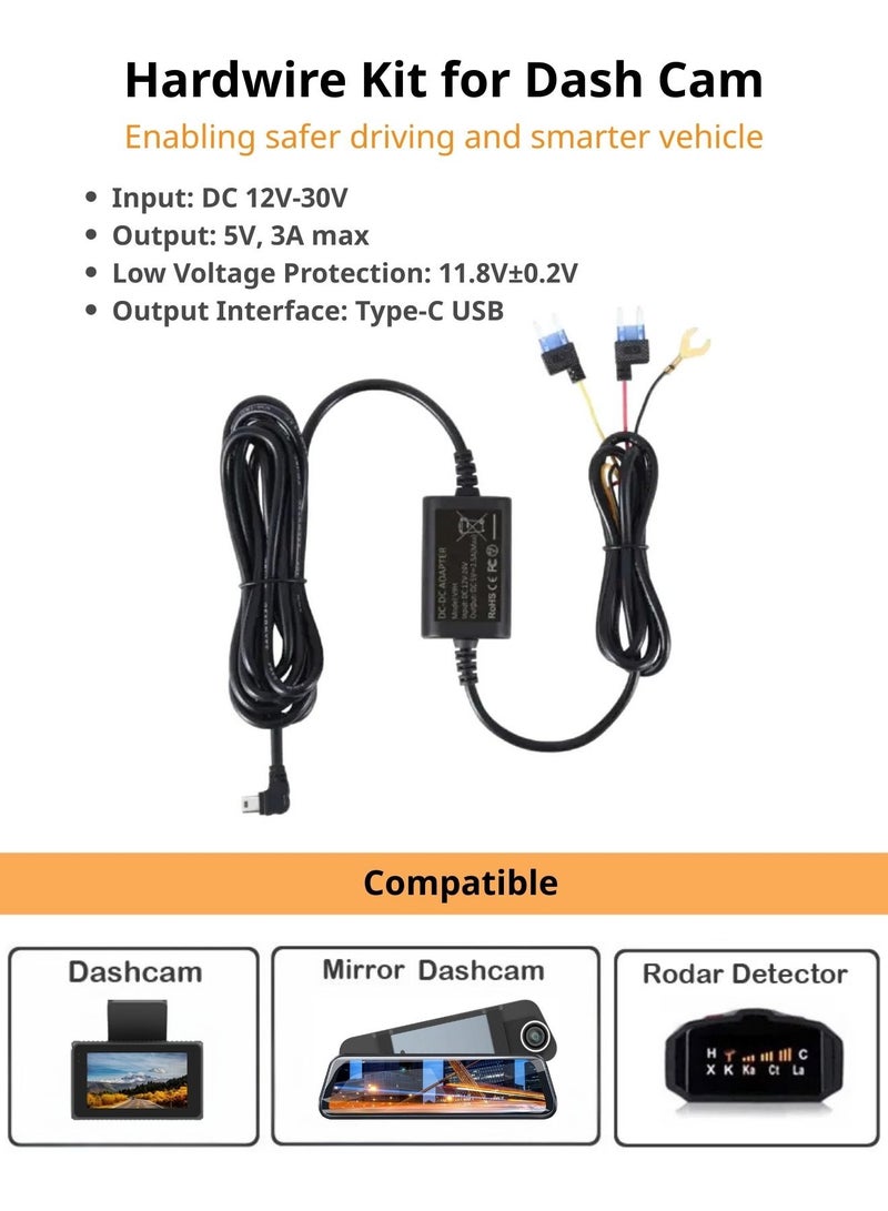 هيريج أوتوموتيف طقم توصيل كاميرا السيارة من بمنفذ Type-C، مراقبة وقوف 24 ساعة مع حماية من انخفاض الجهد، كابل شحن DVR للسيارة بخط Buck لتغذية مستمرة - Image 2