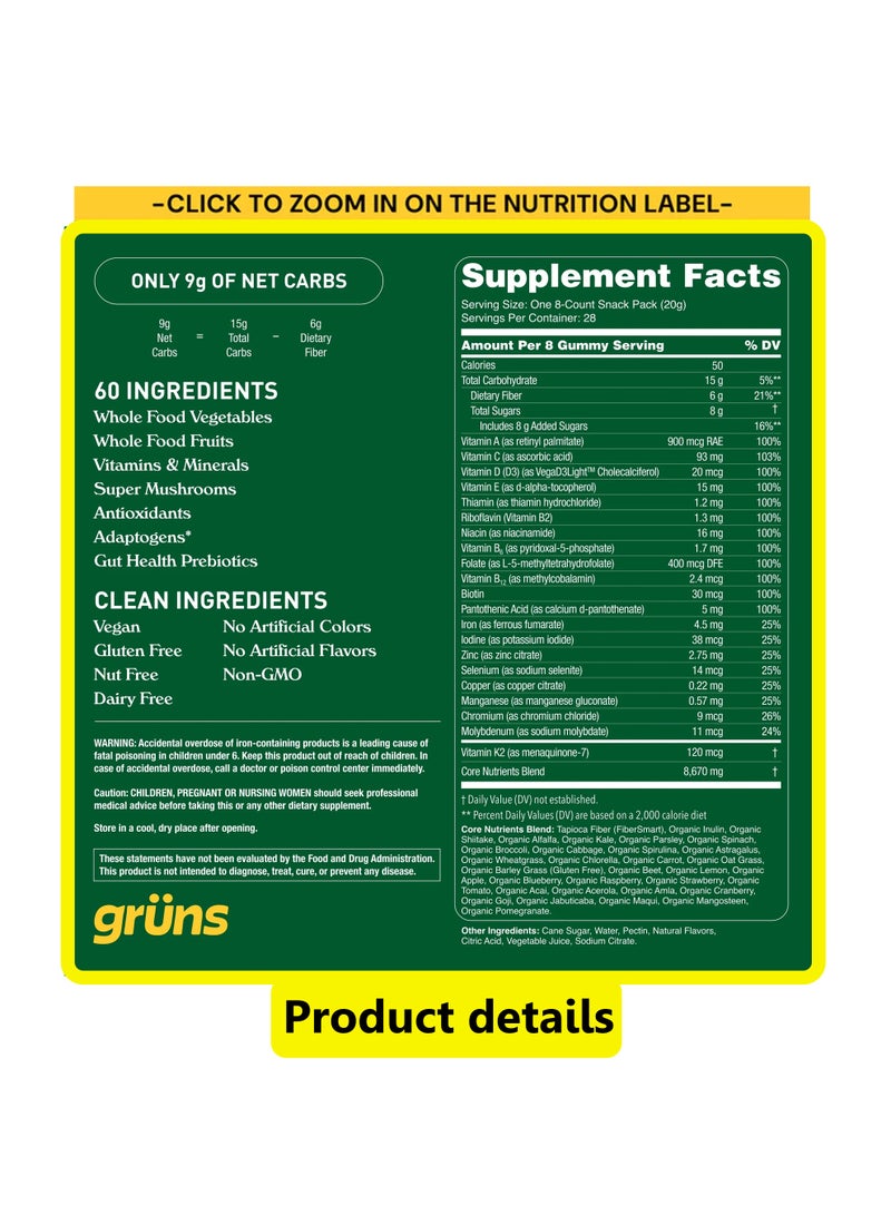 Grüns Adults Super Greens Multivitamin Gummies, Superfood Vitamin Gummy Bears with Spirulina, Chlorella, Prebiotic Fiber for Digestive Health, Adaptogens Supplement, 20 Vitamins & Minerals, 28 Count - Image 2
