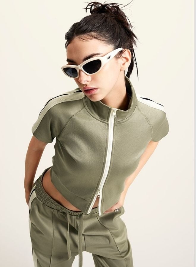 Mei Stylish Women`s High Neck Zip Up Short Sleeve Crop T-shirt - Image 5