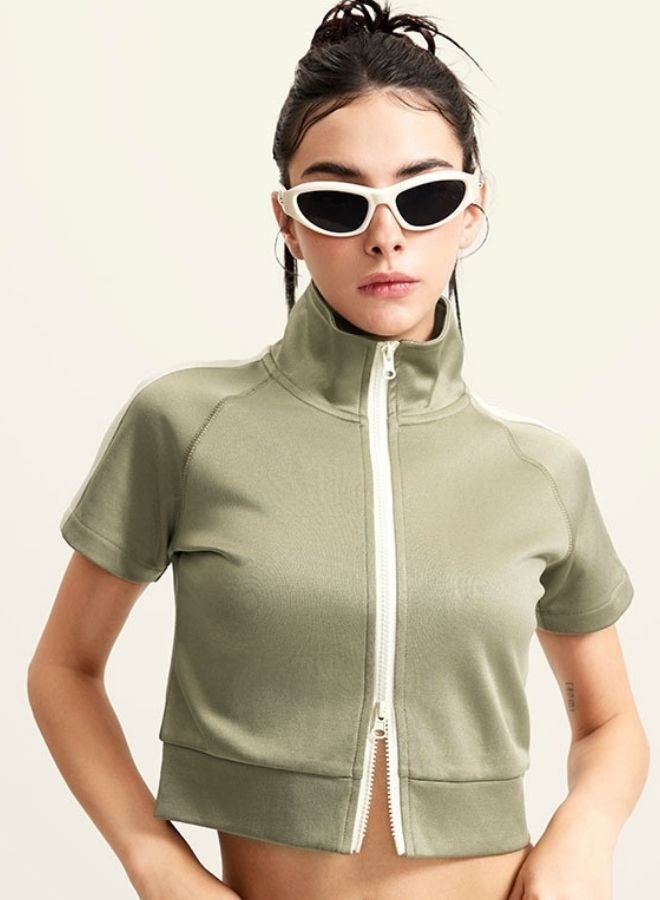 Mei Stylish Women`s High Neck Zip Up Short Sleeve Crop T-shirt - Image 3