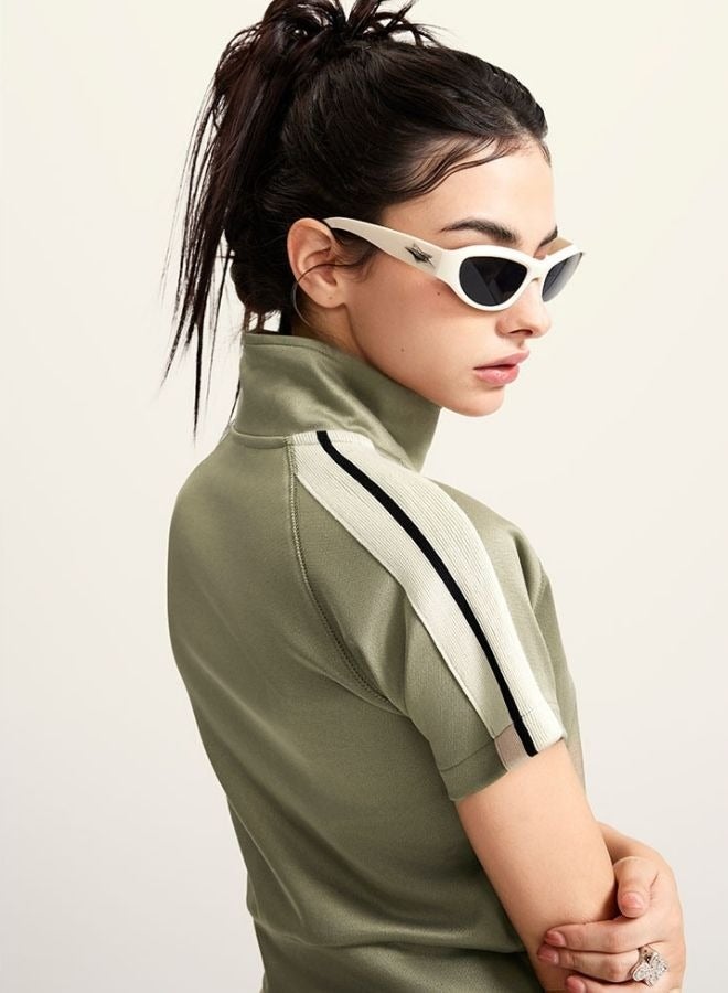 Mei Stylish Women`s High Neck Zip Up Short Sleeve Crop T-shirt - Image 2