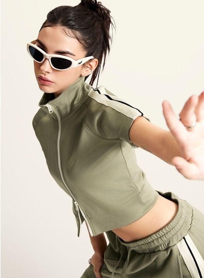 Mei Stylish Women`s High Neck Zip Up Short Sleeve Crop T-shirt - Image 4