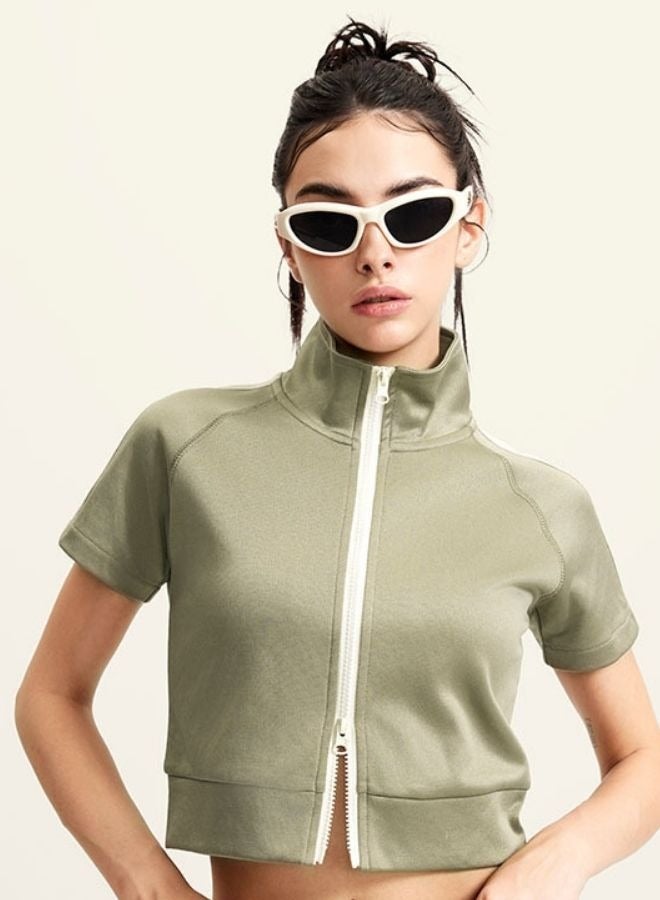 Mei Stylish Women`s High Neck Zip Up Short Sleeve Crop T-shirt - Image 1