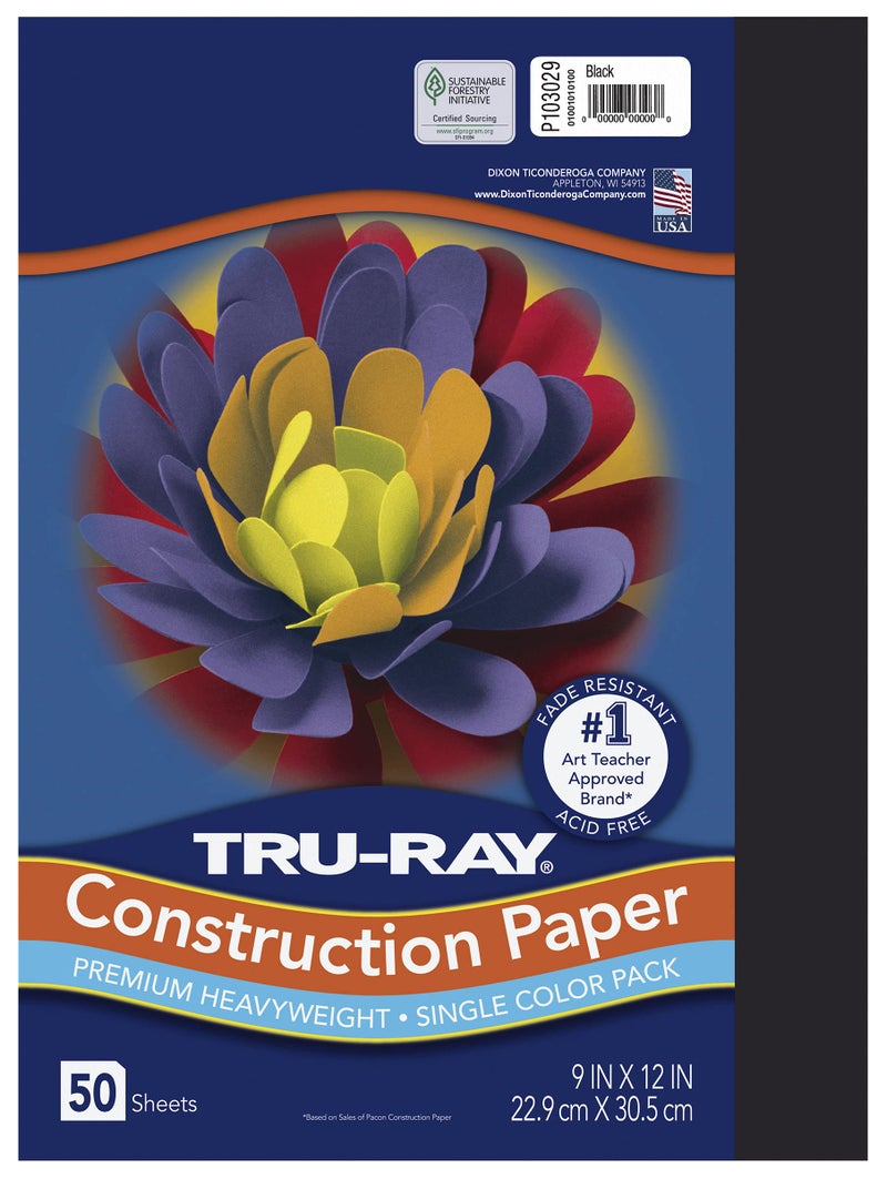 TRU-RAY Pacon Tru-Ray Heavyweight Construction Paper, Black, 9" x 12", 50 Sheets, Sulphite Construction Paper - Image 1