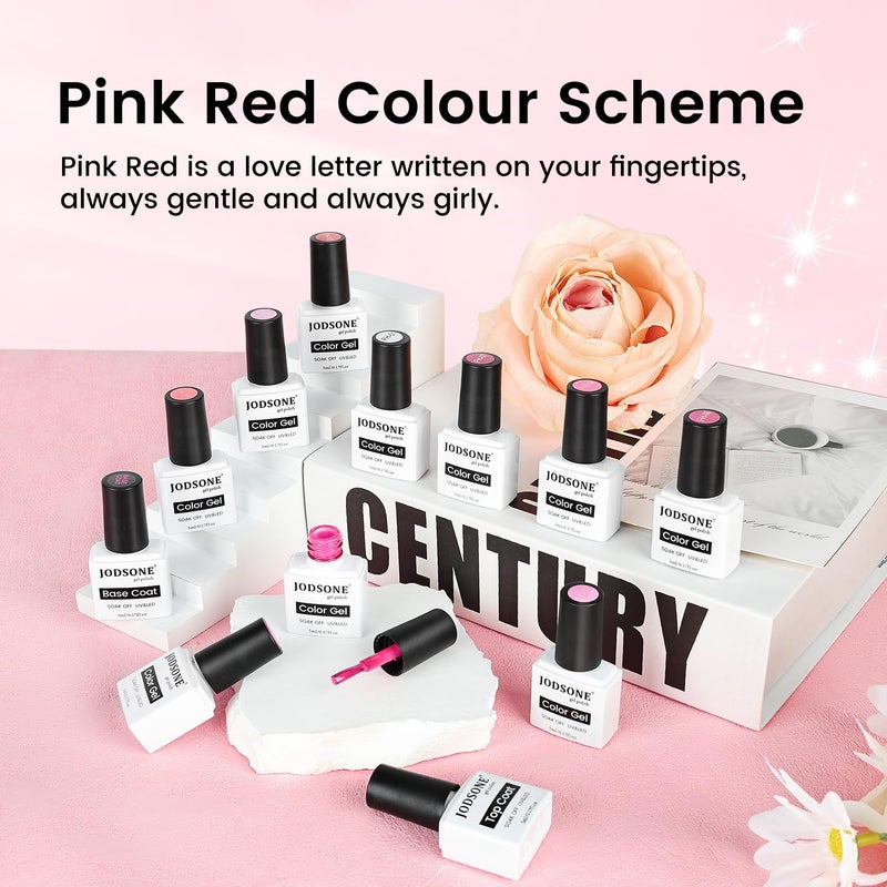 JODSONE 12 PCS Gel Nail Polish Set with Base Coat and Top Coat Limited Red Pink High Gloss Fashion Gifts for Women & Girls - Image 4