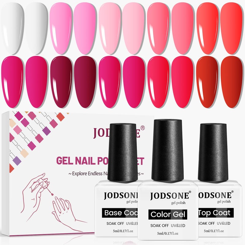 JODSONE 12 PCS Gel Nail Polish Set with Base Coat and Top Coat Limited Red Pink High Gloss Fashion Gifts for Women & Girls - Image 1