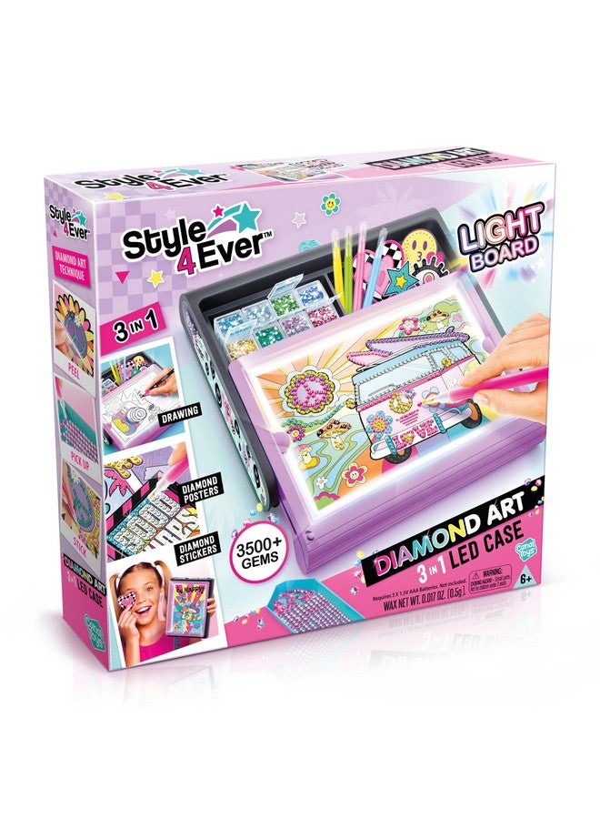 كانال تويز Style 4 Ever Diamond Art Studio. حافظة 3 في 1 مزودة بإضاءة LED ولوحة مضيئة. اصنع رسومات وملصقات ماسية وملصقات ماسية. للأطفال من سن 6 سنوات فما فوق - Image 1