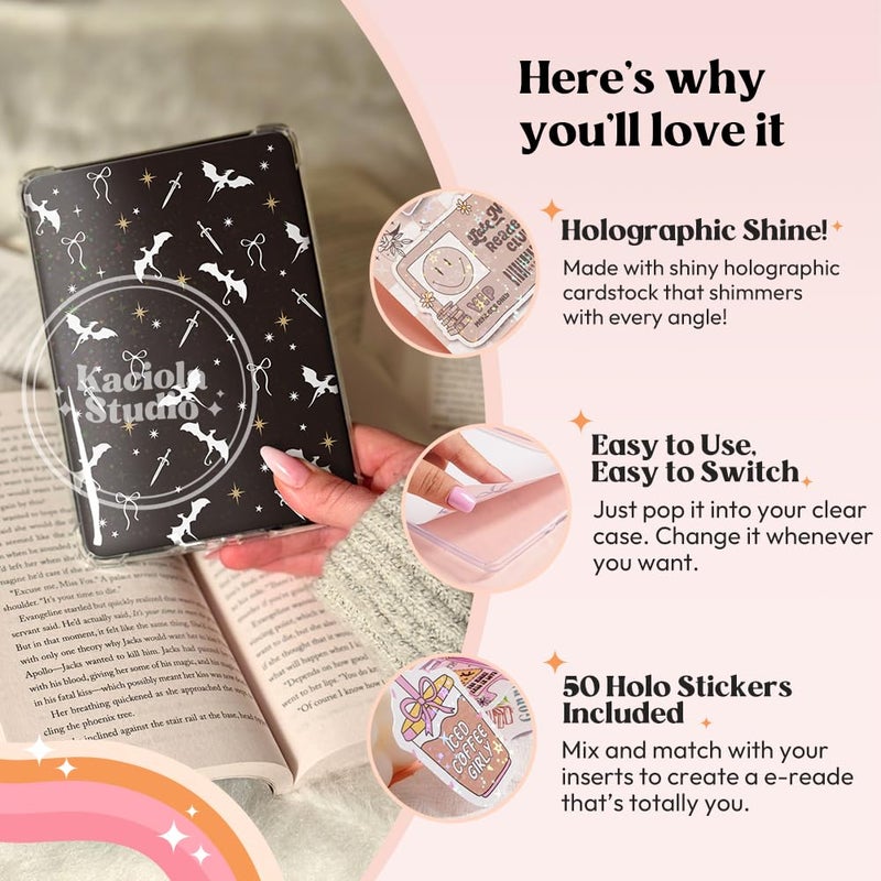Kaciola 12PCS Inserts Cardstock for E-Reader, 50PCS Stickers for Clear Case Insert, 6.9"x4.8" Fantasy Theme Inserts Compatible with Paper White 11th-12th Gen, E-Reader Gift for Booklover Reader - Image 4