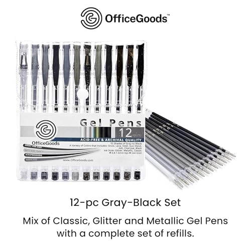 OfficeGoods Grey & Black Gel Pens with Refills – Glitter Metallic Classic – Medium 0.8-1.0mm Tips – Non-Toxic Gel Pens Set – Quick Dry Smudge-Free 12 Pack Colors - Image 2