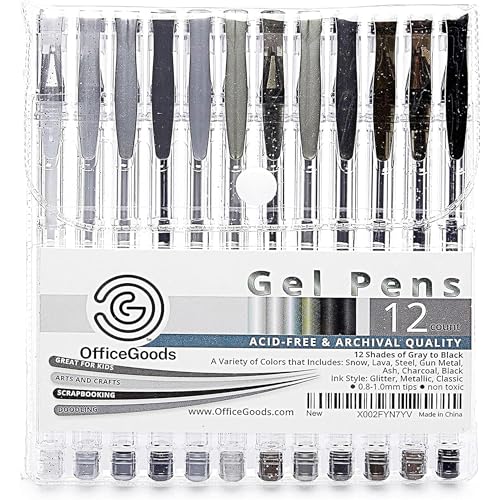 OfficeGoods Grey & Black Gel Pens with Refills – Glitter Metallic Classic – Medium 0.8-1.0mm Tips – Non-Toxic Gel Pens Set – Quick Dry Smudge-Free 12 Pack Colors - Image 1
