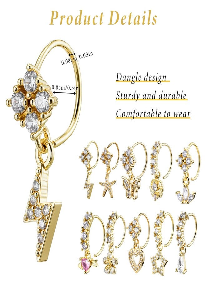 Yolev 10Pcs 20G Gold Dangle Nose Rings Hoop Butterfly Heart Moon Flower Star CZ Cartilage Earring Surgical Steel Dangling Nose Ring Body Piercing Jewelry for Women Men - Image 3
