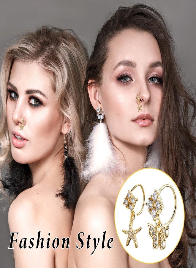 Yolev 10Pcs 20G Gold Dangle Nose Rings Hoop Butterfly Heart Moon Flower Star CZ Cartilage Earring Surgical Steel Dangling Nose Ring Body Piercing Jewelry for Women Men - Image 2