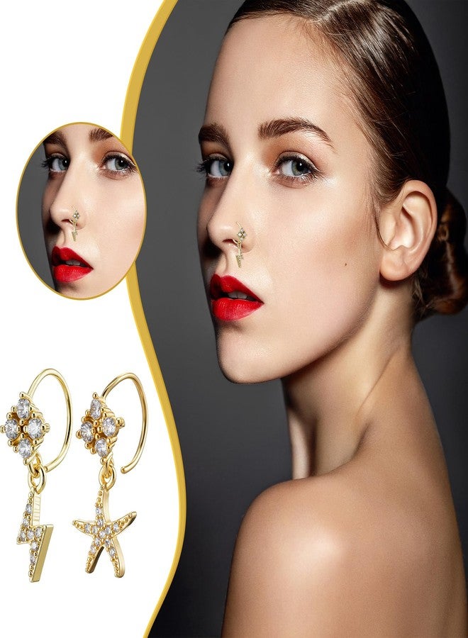 Yolev 10Pcs 20G Gold Dangle Nose Rings Hoop Butterfly Heart Moon Flower Star CZ Cartilage Earring Surgical Steel Dangling Nose Ring Body Piercing Jewelry for Women Men - Image 4